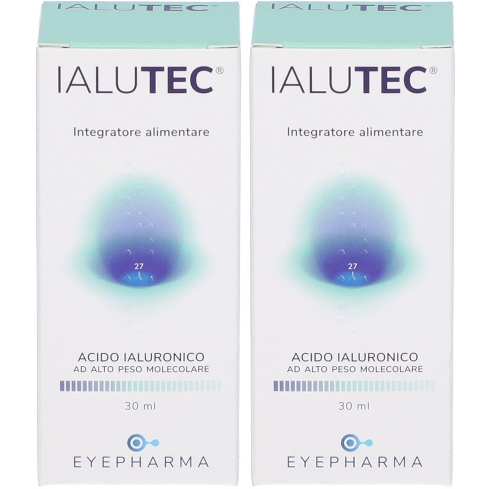 Deux boîtes rectangulaires IALUTEC. Texte: Integratore alimentare, Acido Ialuronico, 30 ml. Marque: EYEPHARMA.