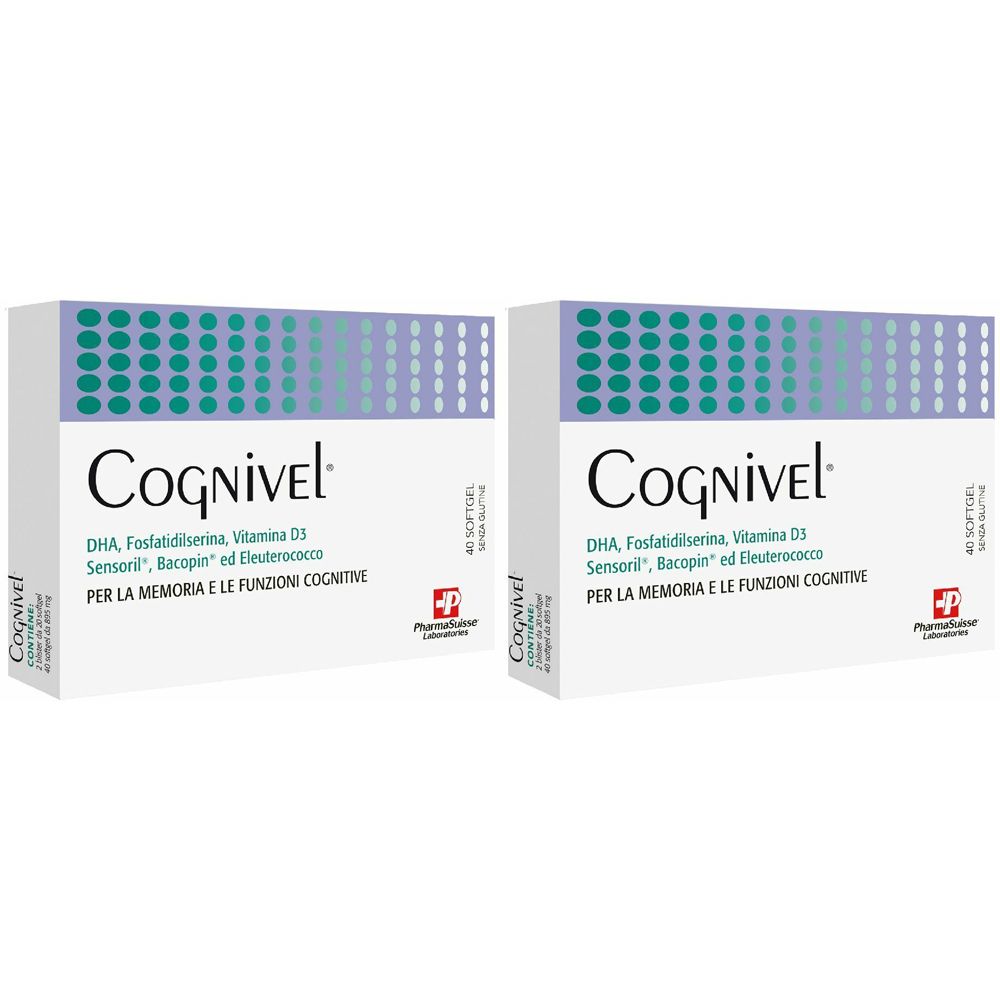 Zwei Schachteln Cognivel. Aufschrift: DHA, Fosfatidilserina, Vitamina D3, Sensoril, Bacopin ed Eleuterococco. Für Gedächtnis und kognitive Funktionen.