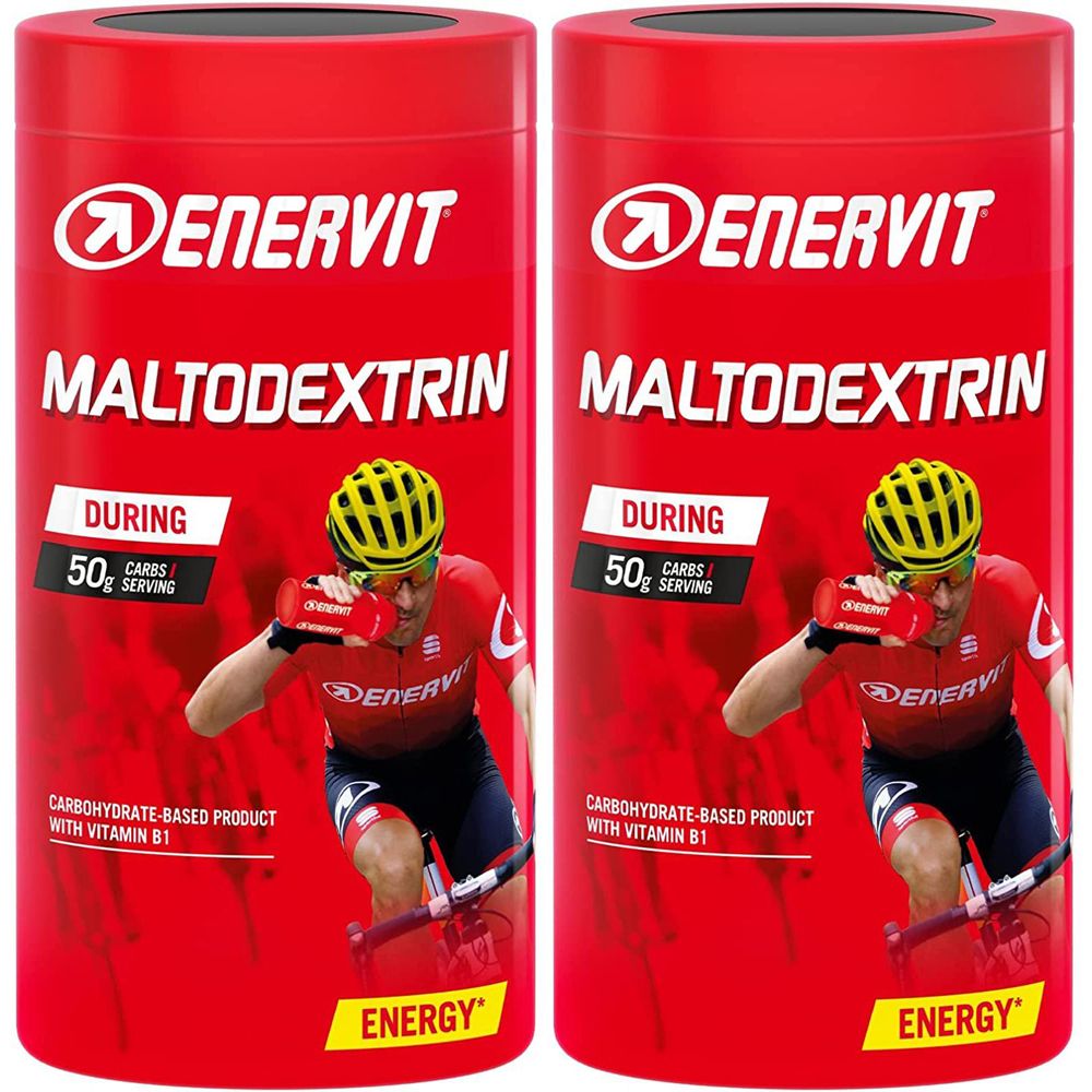 Deux boîtes rouges ENERVIT Maltodextrine. Cycliste en action. Texte: 50g glucides. Produit à base de glucides avec vitamine B1.