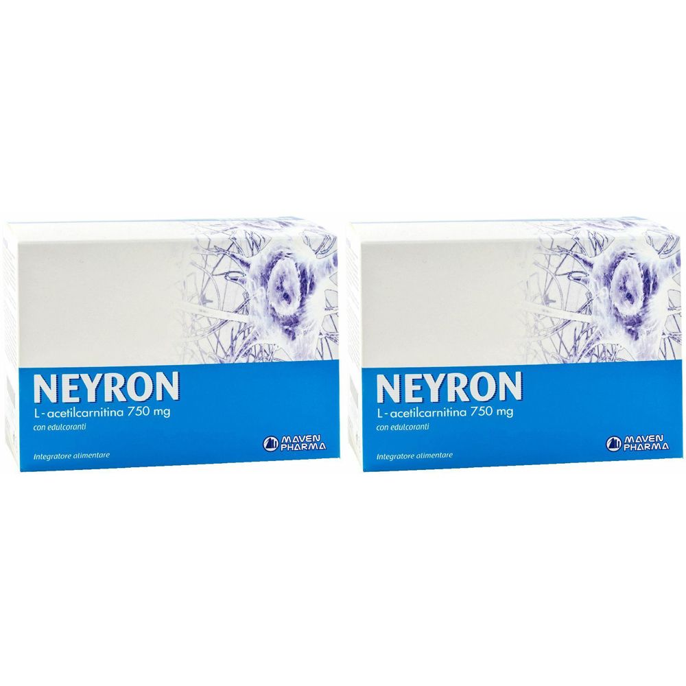 Zwei Schachteln Neyron L-acetilcarnitina 750 mg. Blaue Schrift auf weißem Hintergrund. Logo von Maven Pharma.