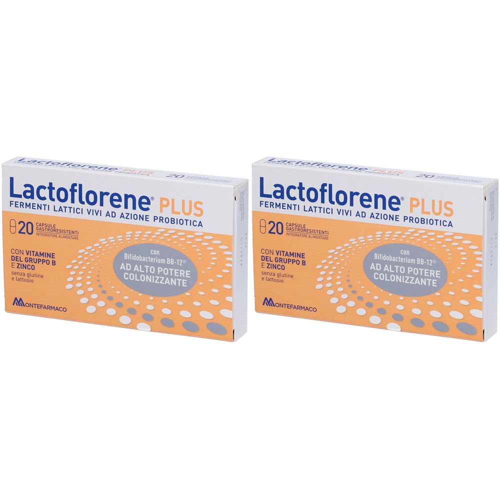Zwei Schachteln Lactoflorene PLUS. Aufschrift: Fermenti lattici vivi ad azione probiotica. Enthält 20 Kapseln. Mit Vitaminen und Zink.