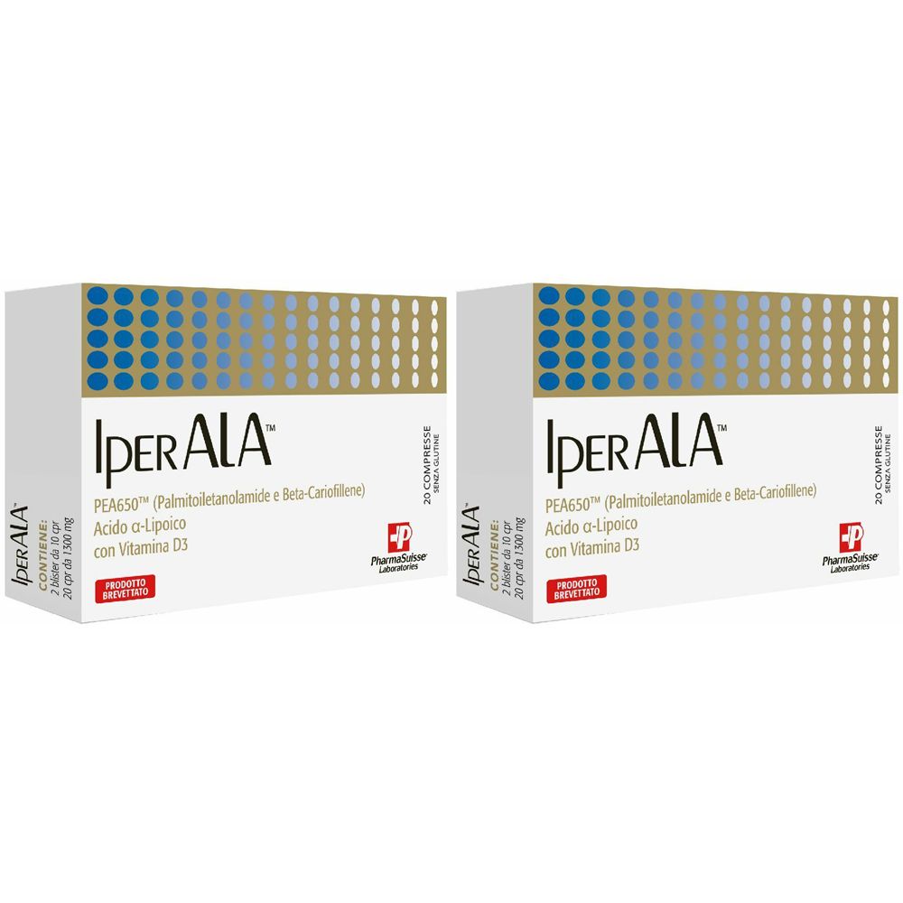 Deux boîtes IPERALA. Emballage blanc avec détails bleus et dorés. Texte: PEA650, Acido a-Lipoico, Vitamine D3. 20 comprimés.