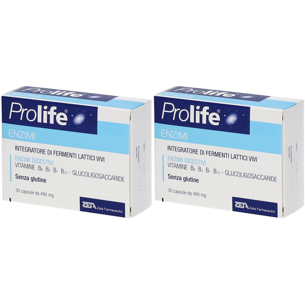 Zwei Schachteln Prolife Enzimi. Aufschrift: Integratore di fermenti lattici vivi, Vitamine B, B, B, B, Glucoligosaccaride, Senza glutine.
