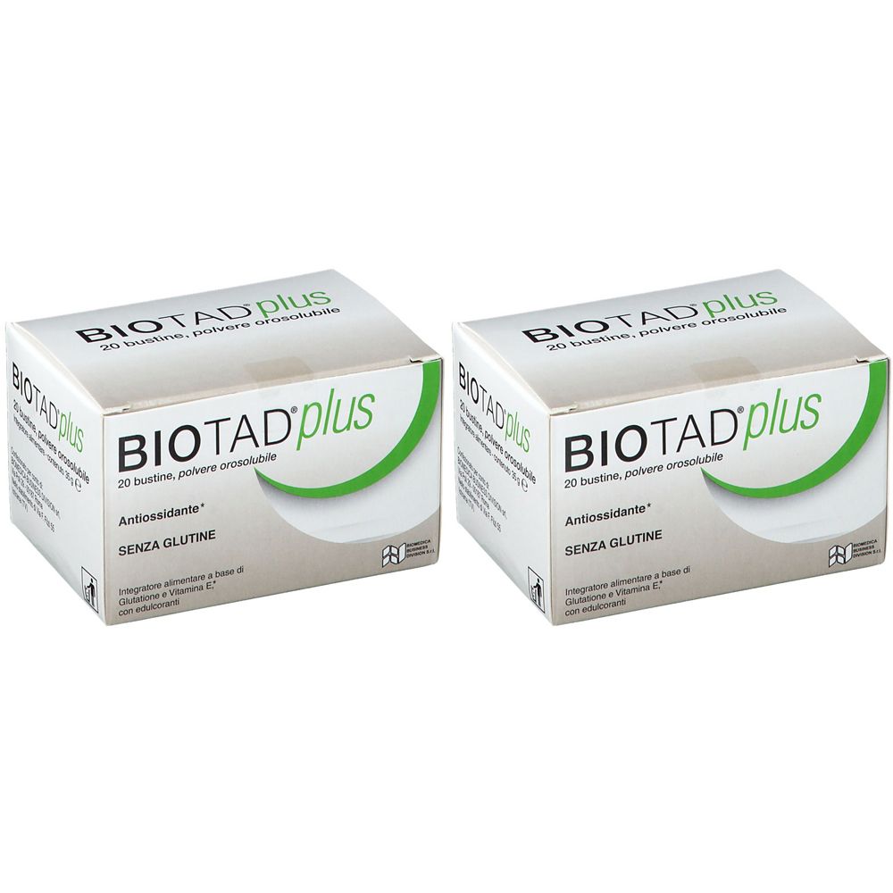 Zwei Schachteln mit der Aufschrift BIOTAD plus. Auf jeder Schachtel steht: 20 Beutel, Pulver zum Auflösen, Antioxidans, glutenfrei.