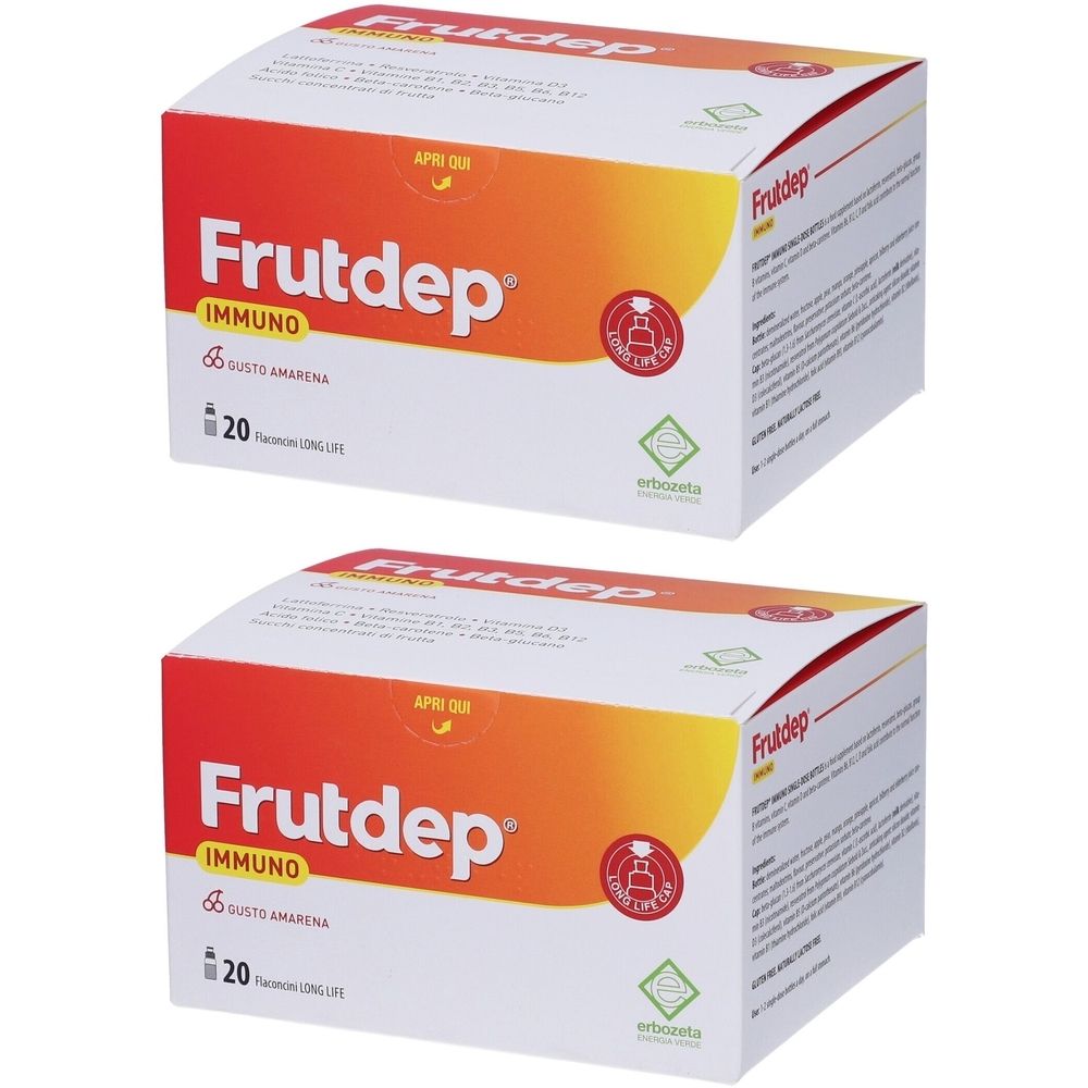 Deux boîtes de Frutdep Immuno. Emballage blanc avec design orange et jaune. Texte: Frutdep Immuno, Vitamine D3, 20 flacons.