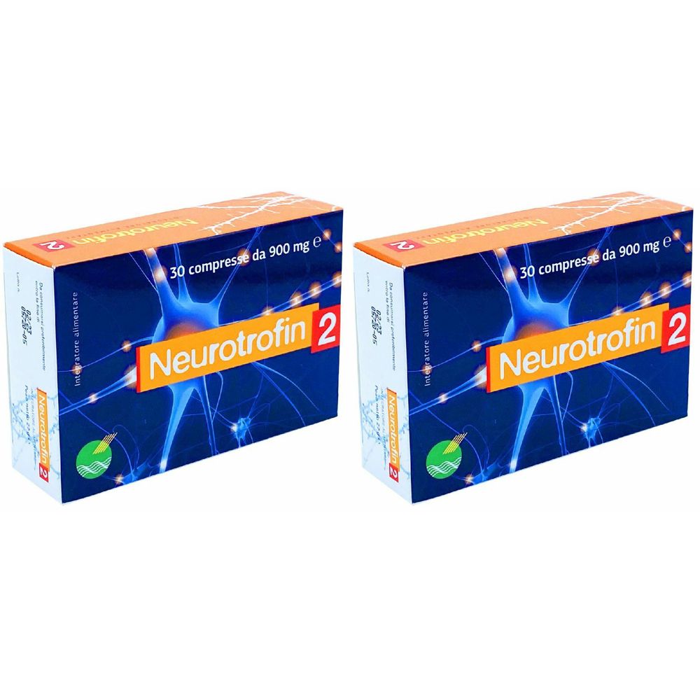 Zwei Schachteln Neurotrofin 2. Blaue Verpackung mit gelbem Schriftzug. Enthält 30 Tabletten à 900 mg.