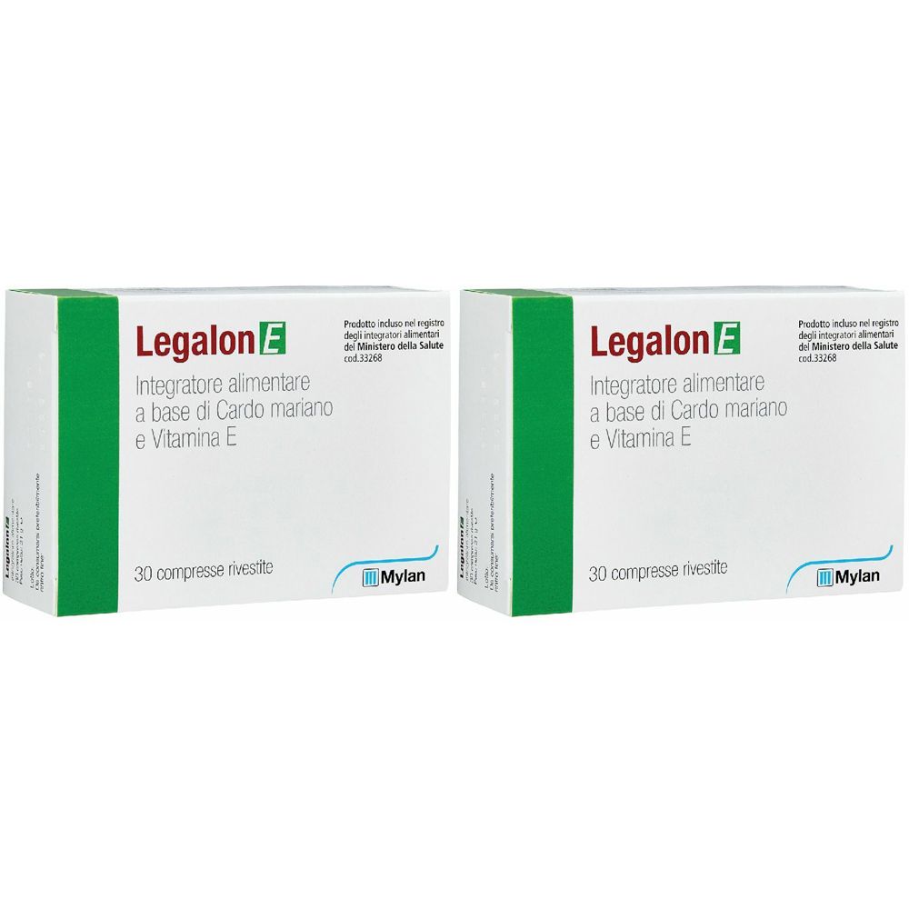 Zwei weiße Schachteln mit grünem Akzent. Aufschrift: Legalon E, Nahrungsergänzungsmittel mit Mariendistel und Vitamin E. Marke Mylan.