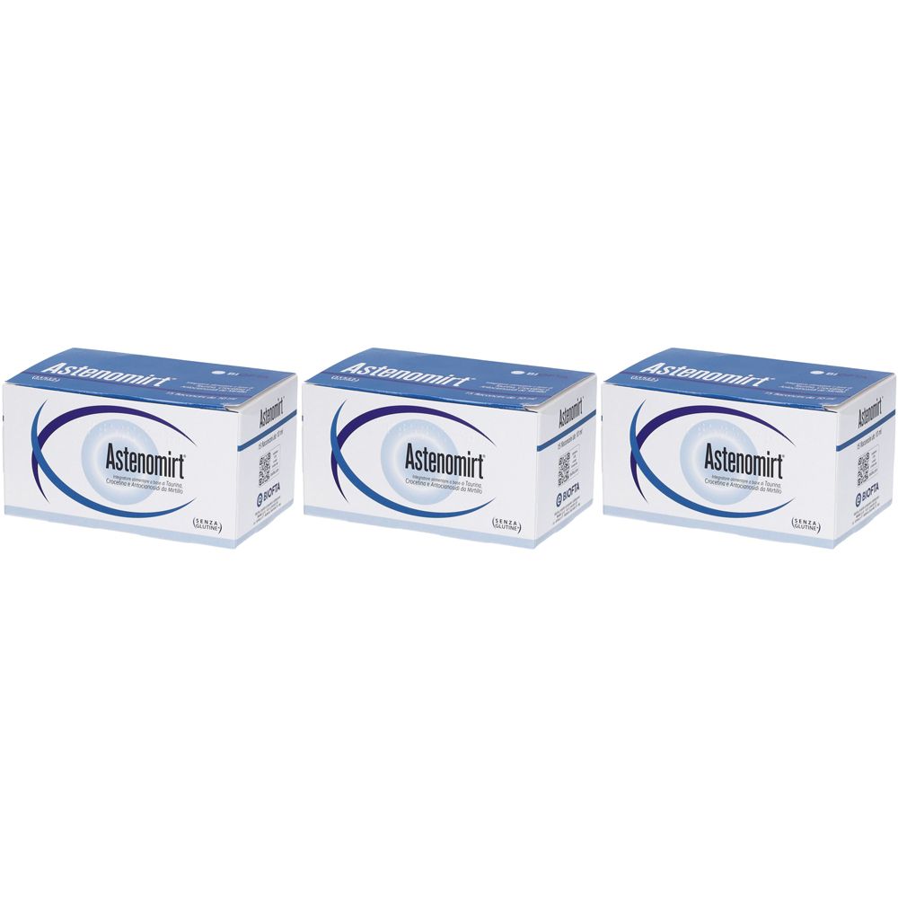 Drei weiße Kartons mit blauem Deckel. Auf der Vorderseite steht "Astenomirt" in blauer Schrift. Ein blaues, augenförmiges Design.