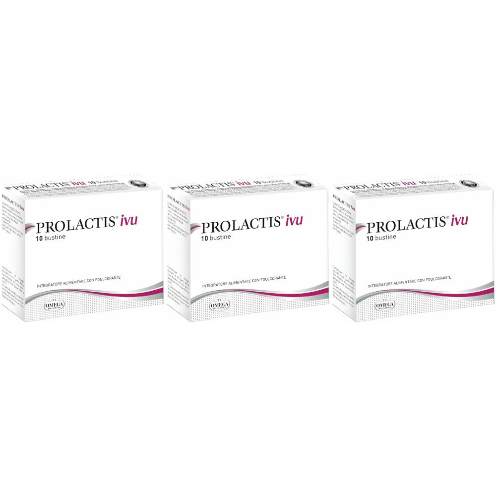 Drei weiße Schachteln mit der Aufschrift PROLACTIS ivu, 10 Bustine. Lila und graue Designelemente. Marke: Omeca.