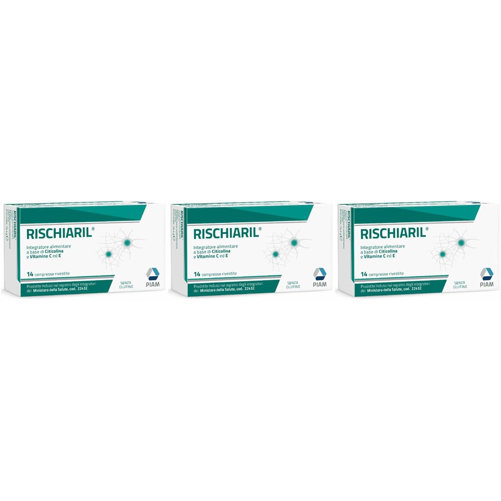 Trois boîtes de RISCHIARIL® Compresse rivestite. Emballage blanc avec détails verts et informations produit.