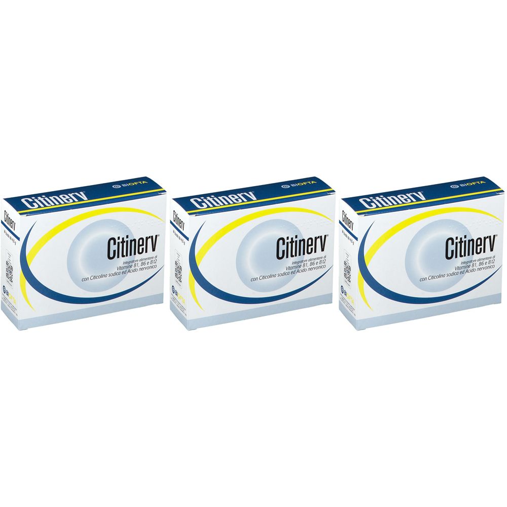 Drei Schachteln mit der Aufschrift "Citinerv". Jede Schachtel hat ein gelb-blaues Design und enthält Produktinformationen.