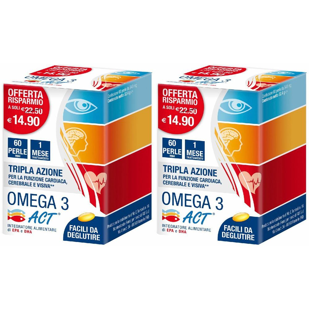 Deux boîtes de compléments alimentaires Omega 3 ACT. Inscription : Tripla Azione, 60 perles, 1 mois, prix promotionnel. Symboles de poisson et de cœur.