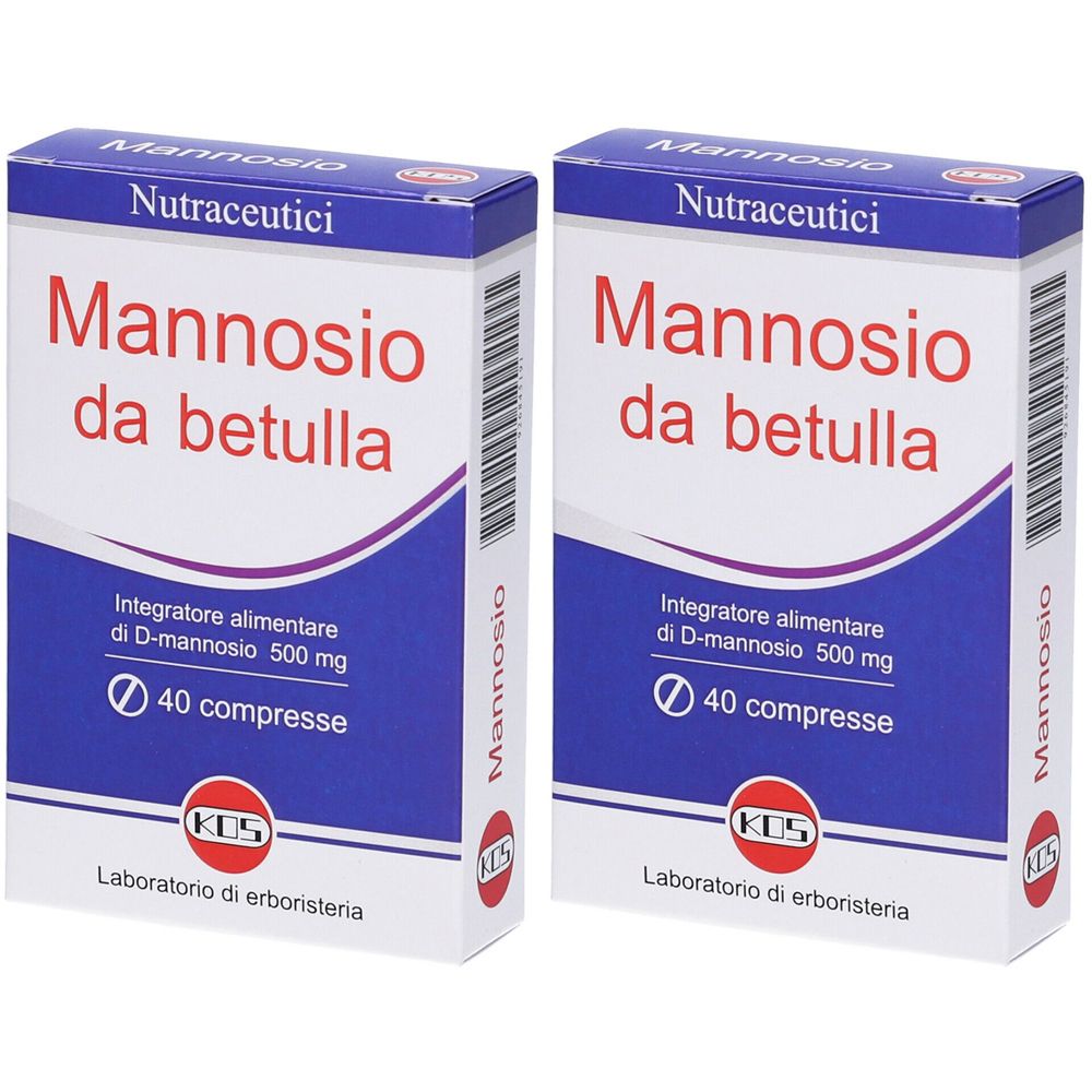 Zwei Schachteln mit der Aufschrift "Mannosio da betulla". Text: "Integratore alimentare di D-mannosio 500 mg", 40 compresse.