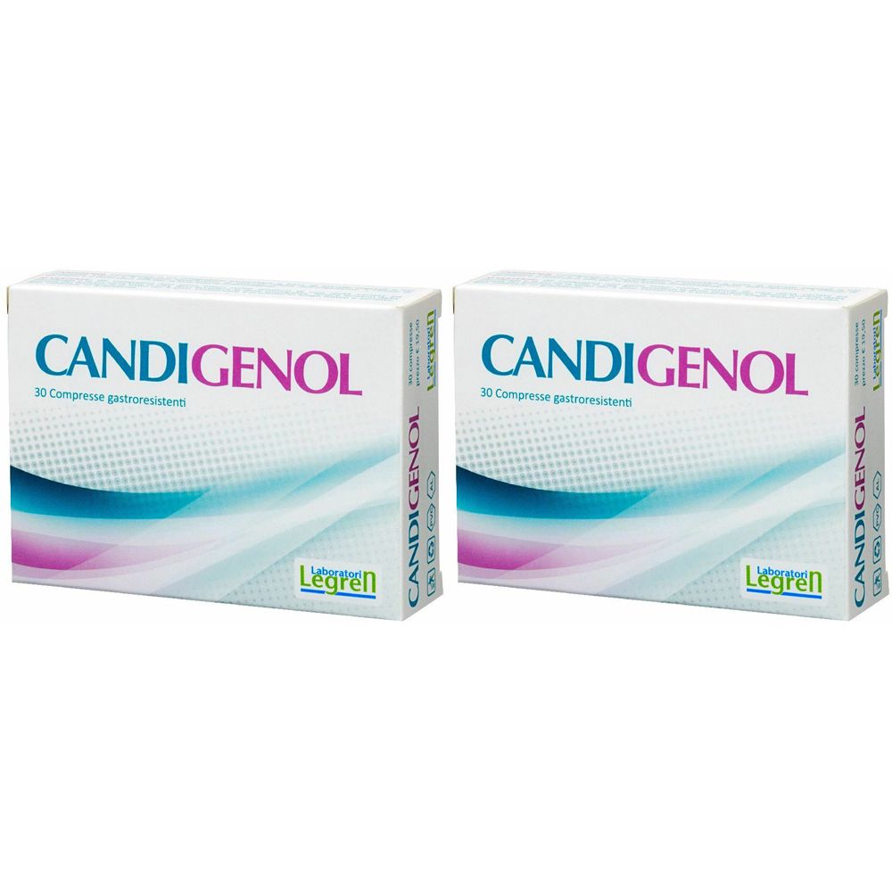 Deux boîtes blanches CANDIGENOL. Chaque boîte affiche "30 Compresse gastroresistenti" et le logo Legren.