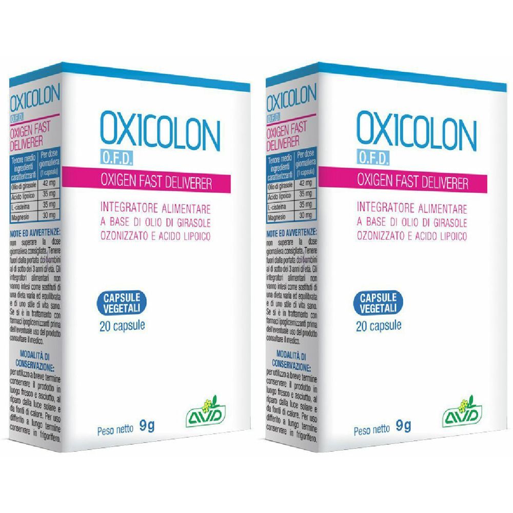 Deux boîtes blanches avec texte. Inscription: OXICOLON, O.F.D., 20 capsules. Marque AVD. Contenu pour compléments alimentaires.