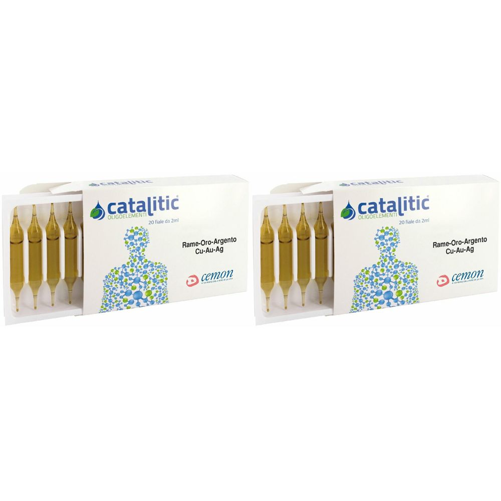 Deux boîtes de présentation d'ampoules. Inscription "catalitic", "Rame-Oro-Argento Cu-Au-Ag" et "cemon". Chaque boîte contient des ampoules avec un liquide jaune.