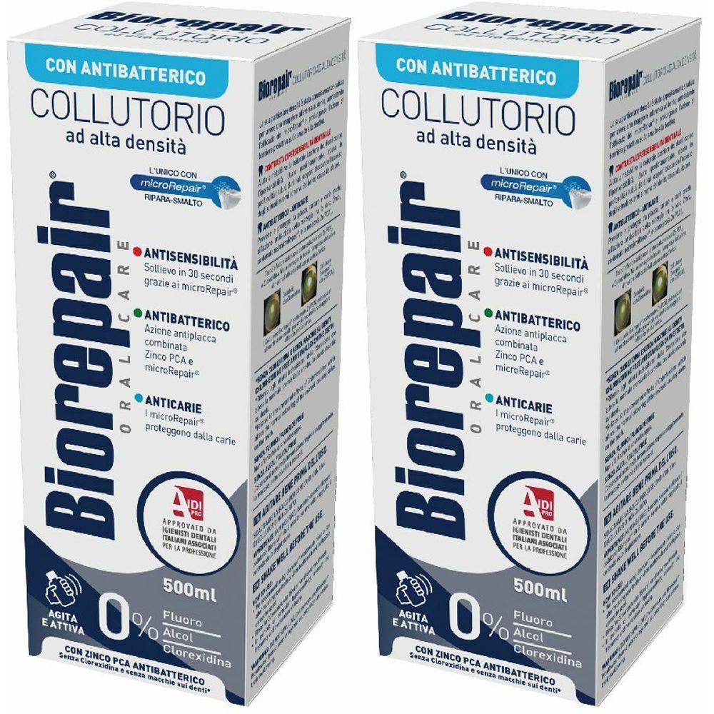 Deux boîtes de Biorepair® Antibatterico Collutorio. Boîtes blanches avec texte bleu. Contient 0% alcool et fluorure. 500ml.