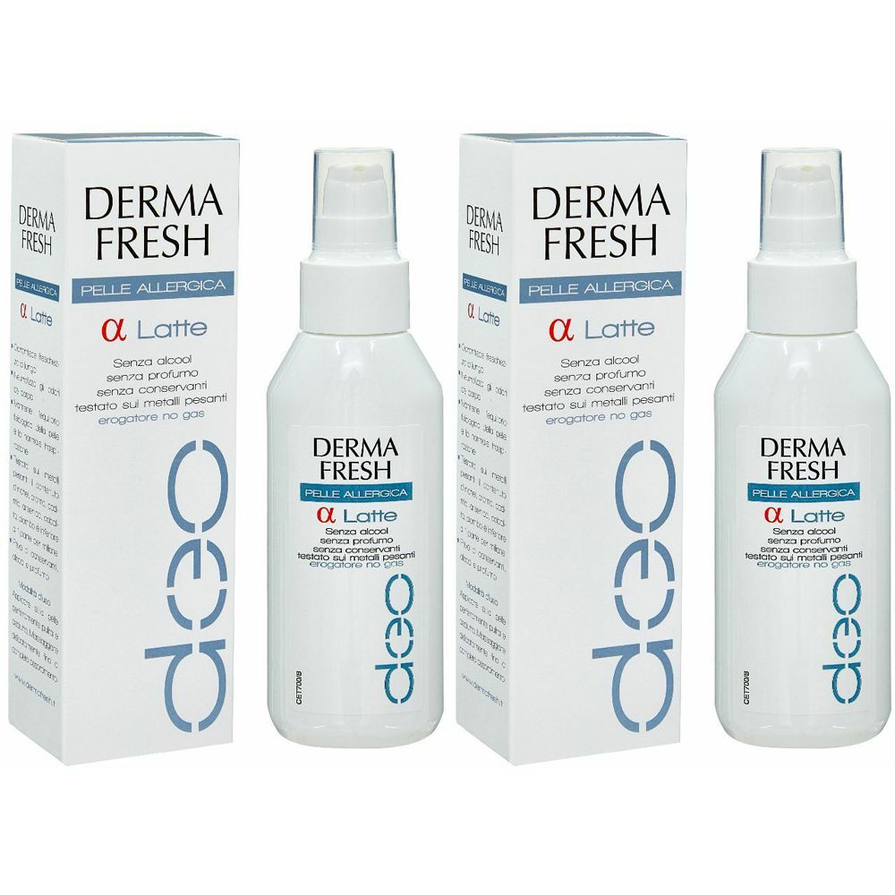 Deux flacons blancs avec vaporisateur et deux boîtes. Inscription : DERMA FRESH, α Latte, pour peaux allergiques. Texte en italien.