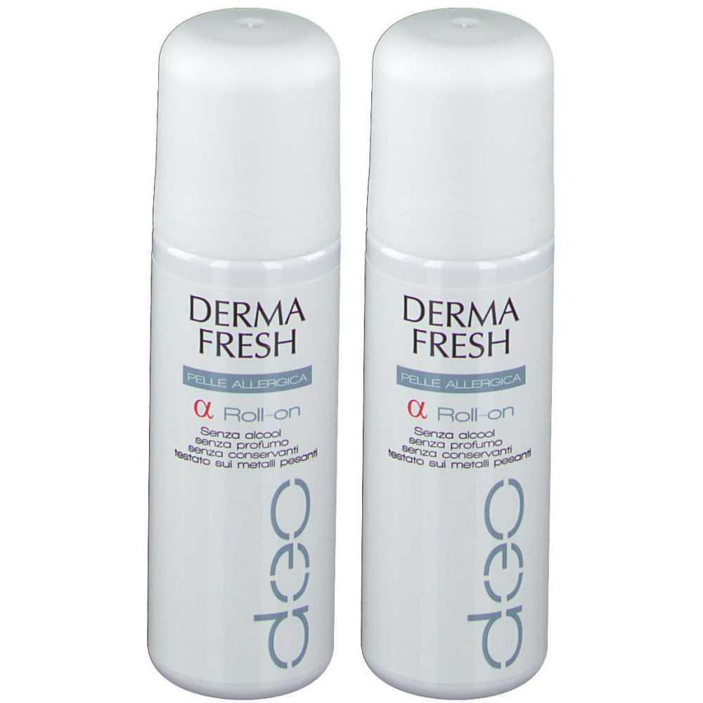 Deux flacons roll-on blancs. Inscription: DERMA FRESH, Pelle Allergica, Roll-on. Sans alcool, parfum, conservateurs, testé au nickel.