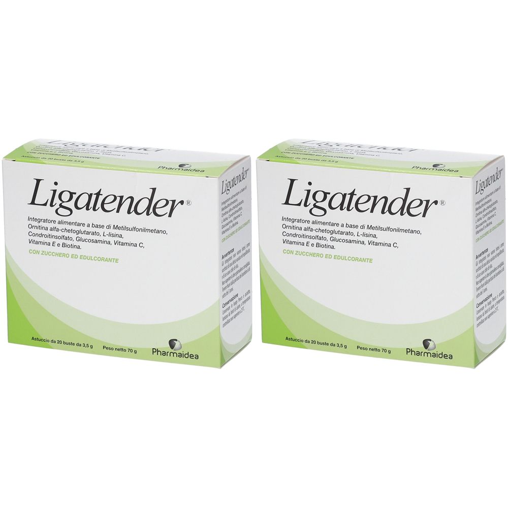 Zwei weiße Kartons mit dem Aufdruck "Ligatender". Aufschrift in italienischer Sprache. Grün umrandet. Logo von Pharmadea.