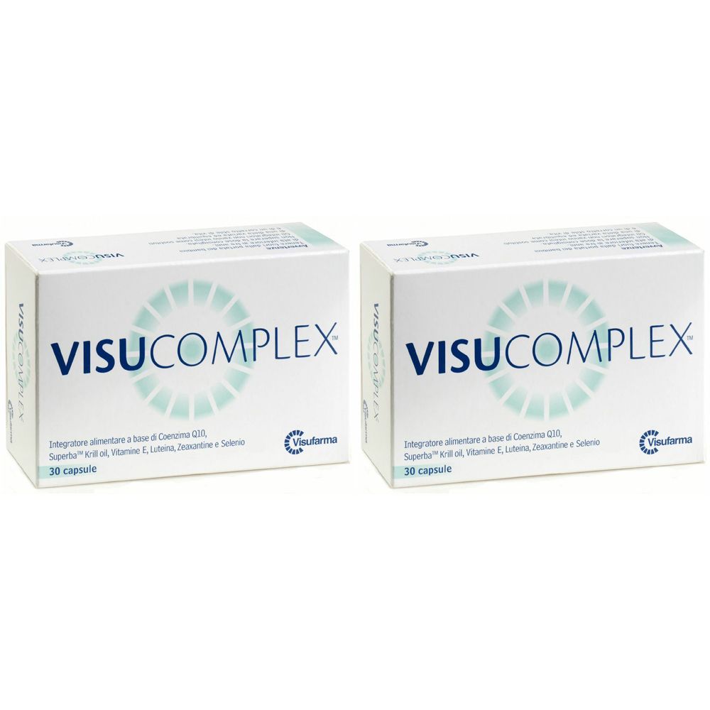 Zwei weiße Schachteln mit der Aufschrift Visucomplex. Aufschrift: 30 Kapseln. Marke: Visisutarma.