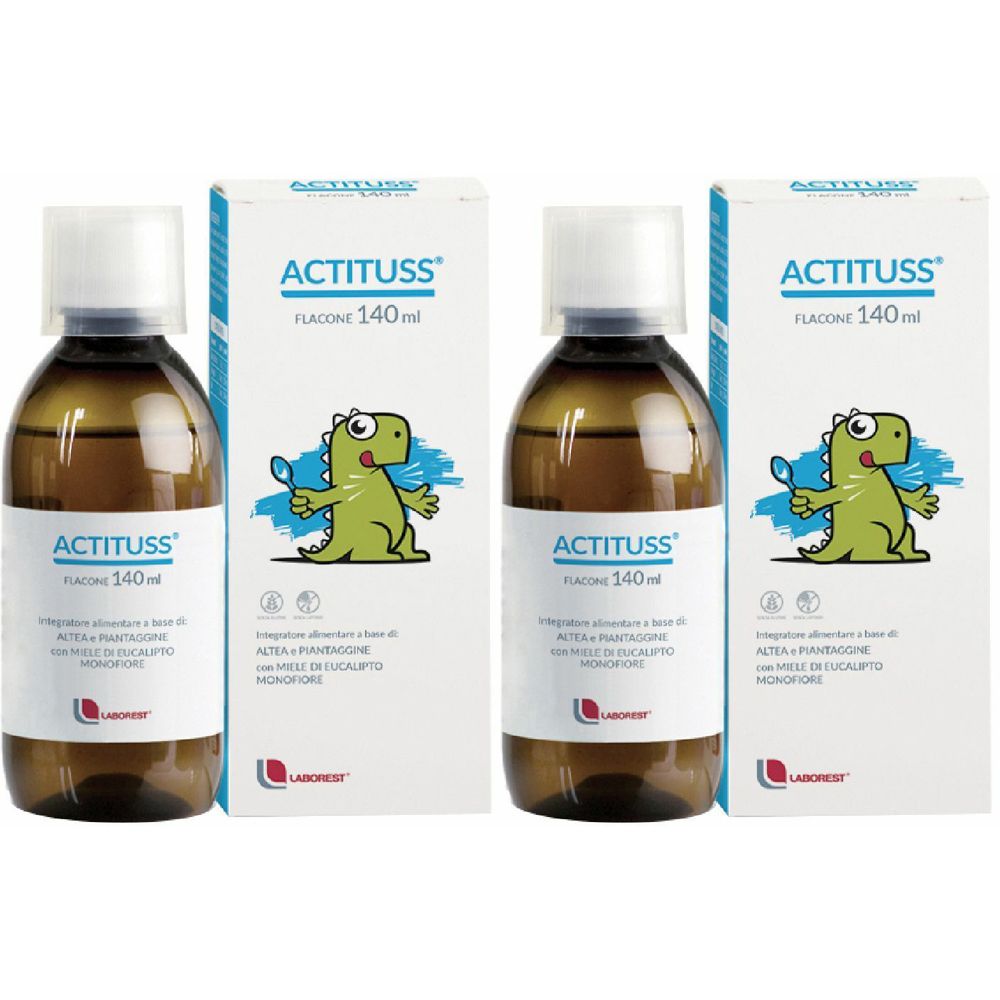 Deux flacons et emballages. "Actituss" est écrit sur les flacons et les emballages. Un dessin animé de dinosaure vert est sur l'emballage.