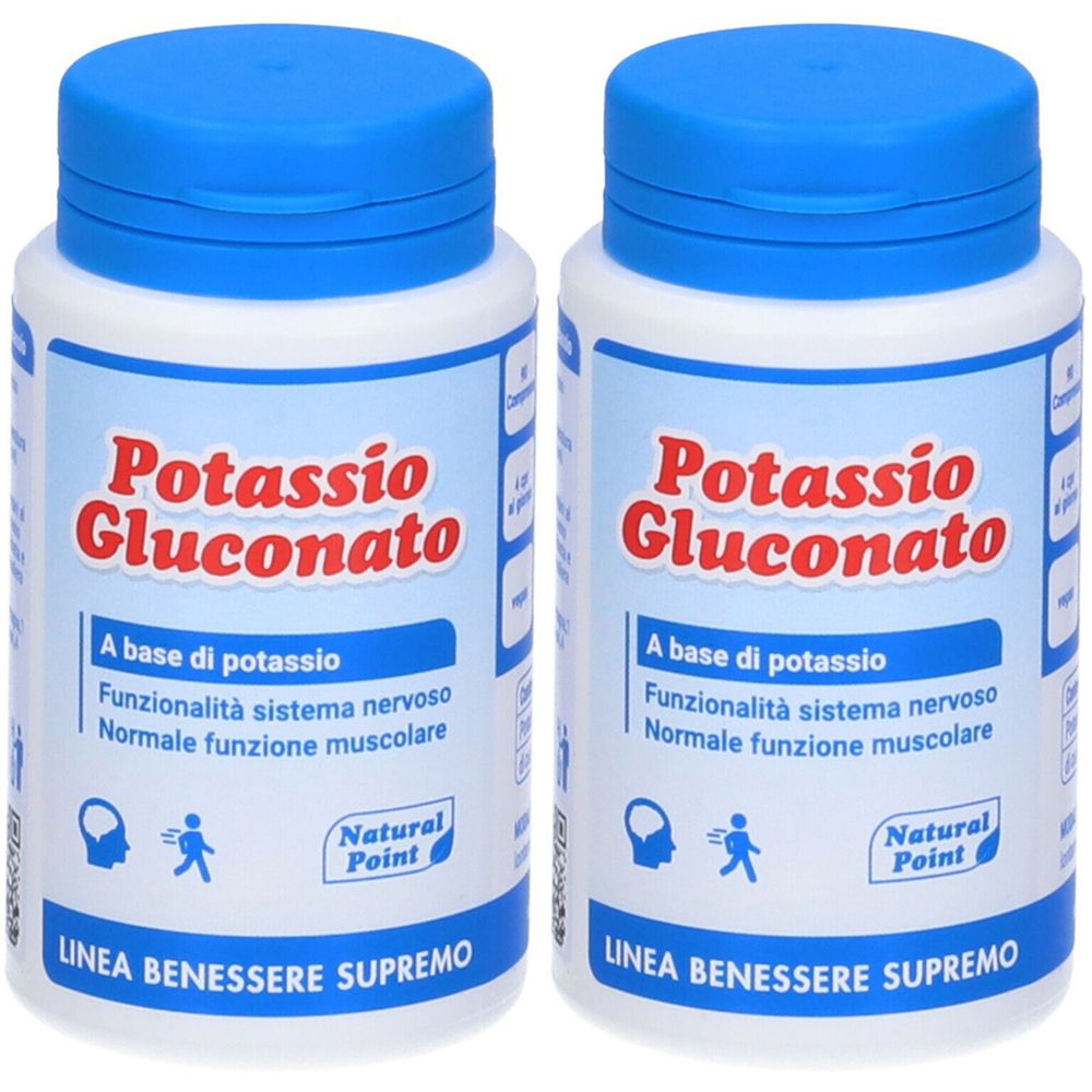 Deux flacons blancs avec bouchons bleus. Inscription: Potassio Gluconato. Texte: A base di potassio, Funzionalità sistema nervoso, Normale funzione muscolare.