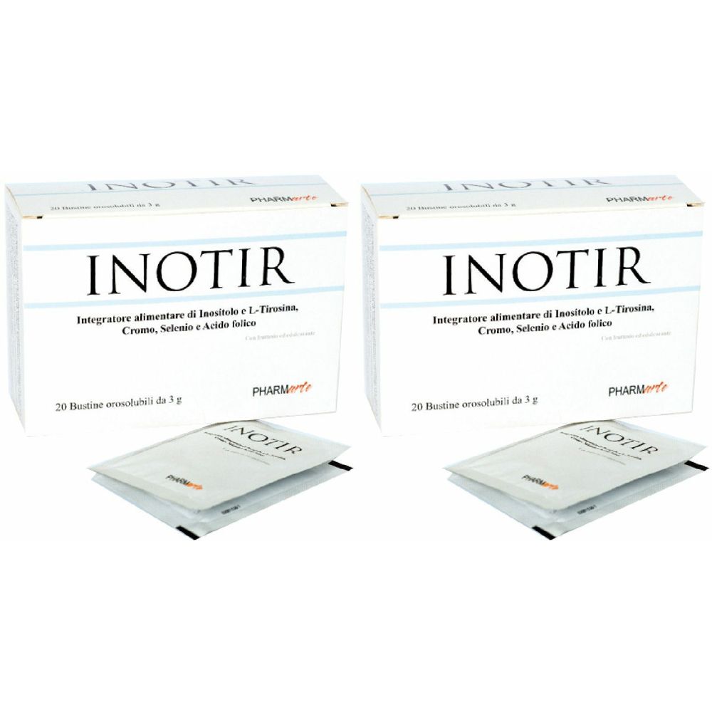 Deux boîtes INOTIR et sachets INOTIR. Texte: Integratore alimentare di Inositolo e L-Tirosina, Cromo, Selenio e Acido folico. Marque PHARM.
