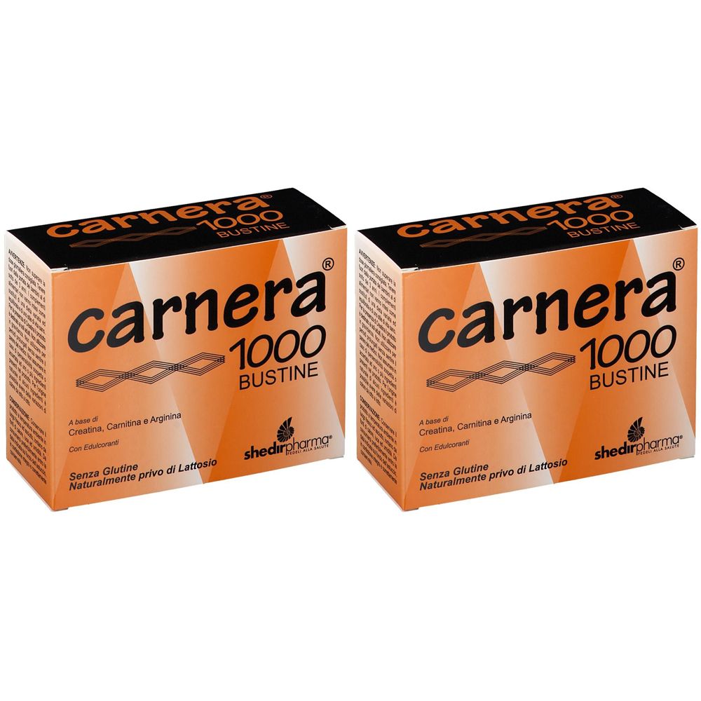Deux boîtes orange avec "carnera 1000 BUSTINE". Texte : "Senza Glutine". Marque : Shedirpharm.