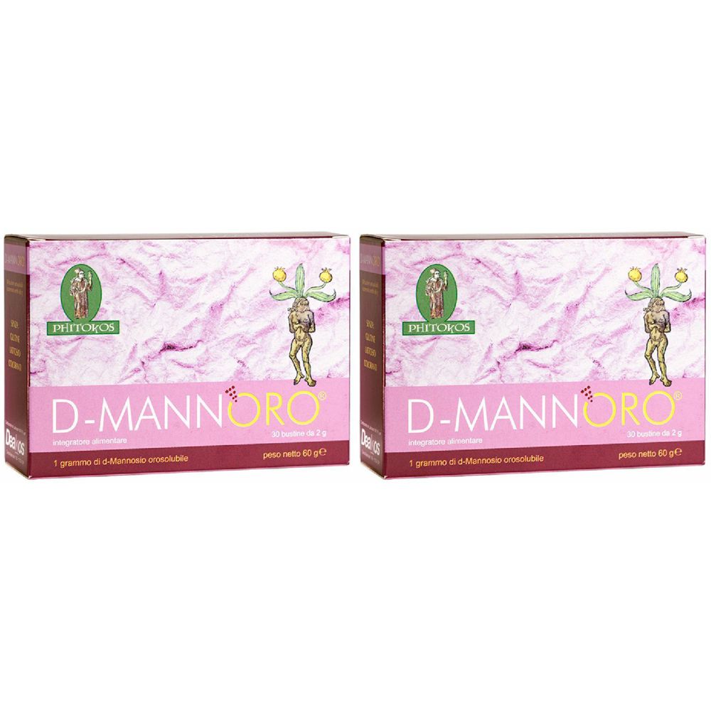 Deux boîtes de D-MANNORO sur fond rose. Logo Phytoros en haut à gauche. Texte : 1 gramme de D-mannose par sachet.