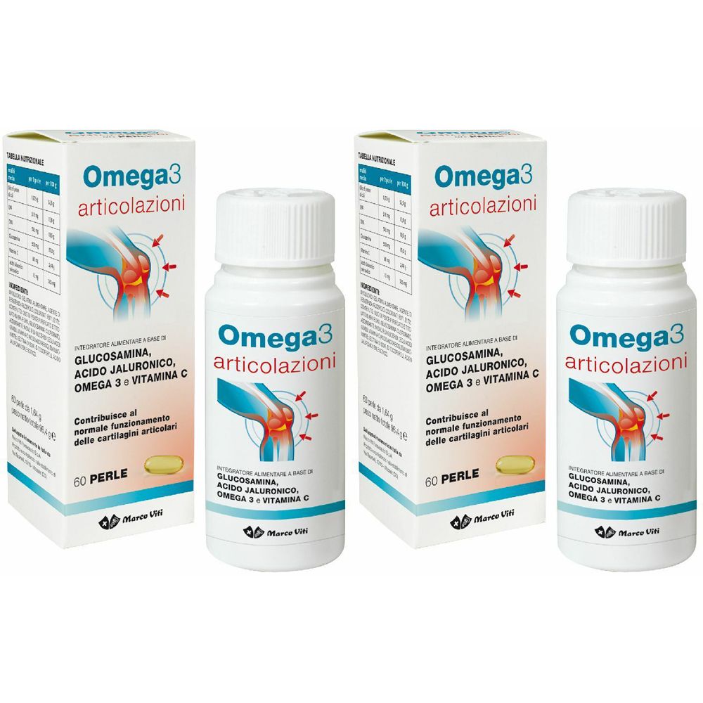 Trois flacons et deux boîtes de compléments alimentaires Omega3 articolazioni. Inscription : Glucosamine, acide hyaluronique, Oméga 3, vitamine C.