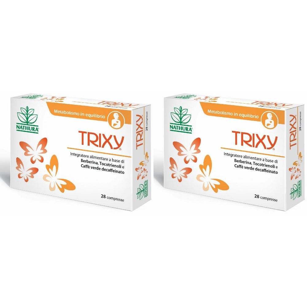 Deux boîtes blanches avec le mot "TRIXY". Chaque boîte présente des papillons et le nom de la marque "NATHURA".