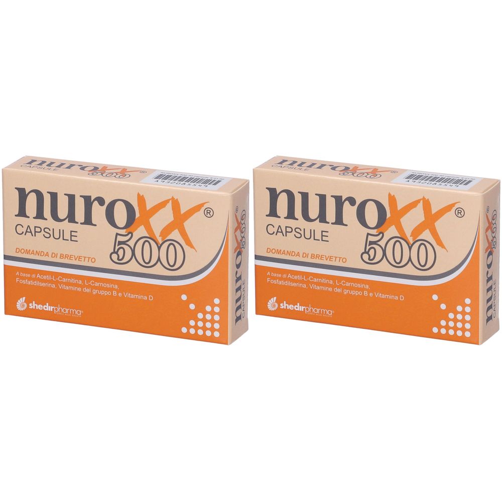 Zwei Kartons mit der Aufschrift "nuroxx CAPSULE 500". Orangefarbene Akzente und Text in italienischer Sprache. Marke: shedropharma.