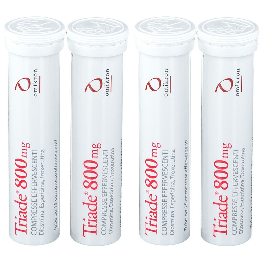 Quatre tubes blancs avec texte rouge. Inscription : Triade 800 mg, comprimés effervescents. Marque : omikron.
