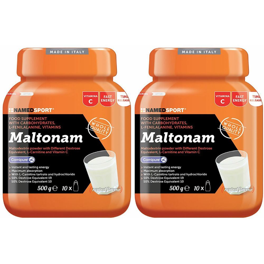 Zwei orangefarbene Dosen NAMEDSPORT Maltonam. Aufschrift: Nahrungsergänzungsmittel mit Kohlenhydraten, L-Phenylalanin, Vitaminen.