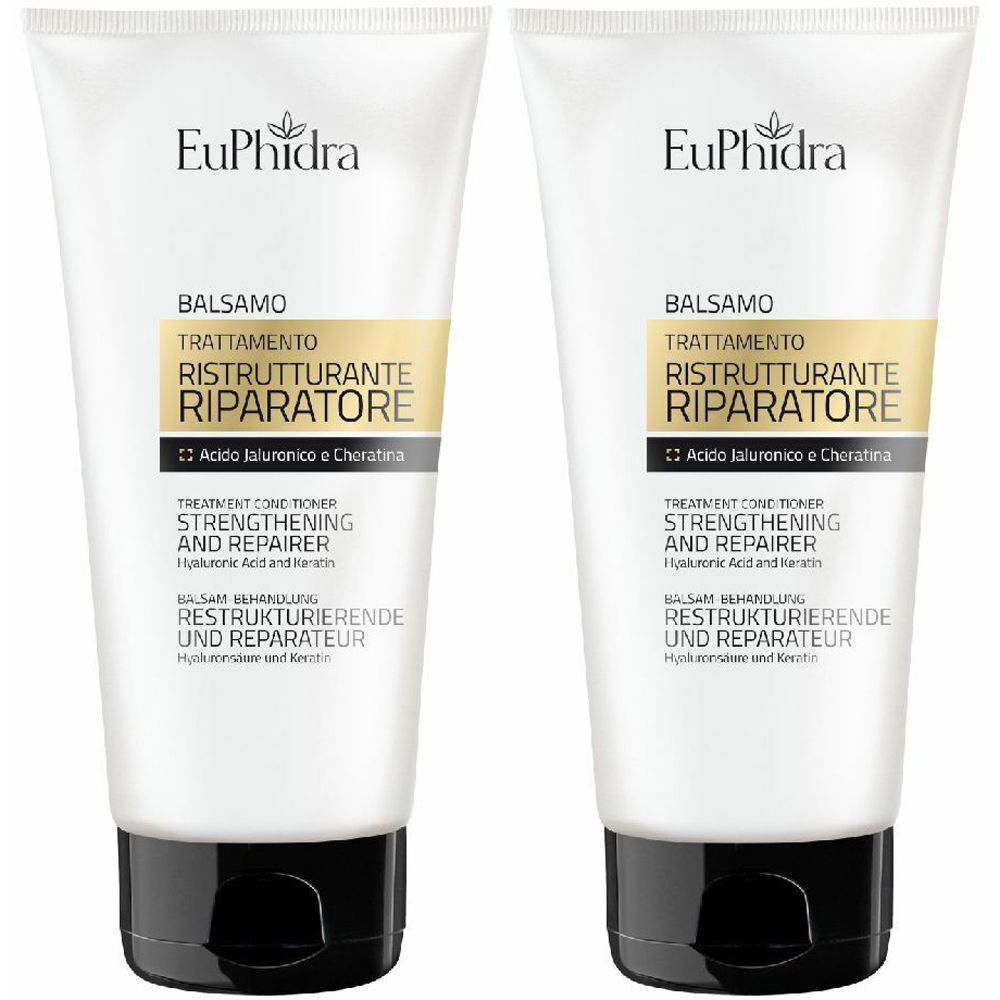 Deux tubes blancs avec bouchons noirs. Chaque tube porte "EuPhidra" et "Balsamo Trattamento Ristrutturante Riparatore".