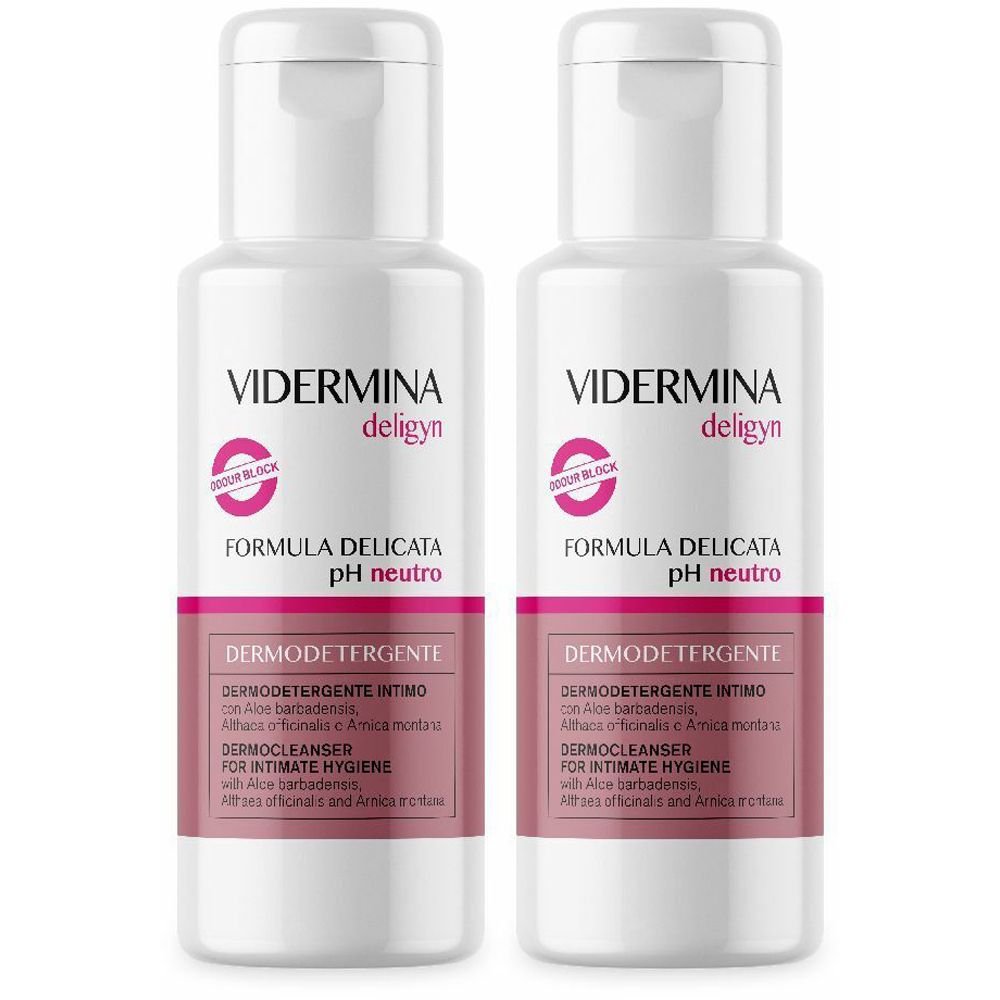 Deux flacons blancs avec étiquettes roses. Inscription : VIDERMINA deligyn, FORMULA DELICATA pH neutro, Dermodetergente Intimo.