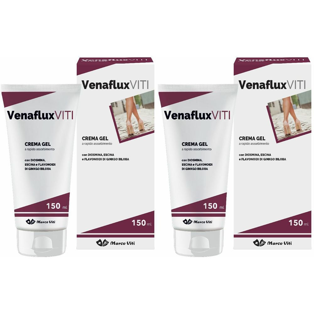 Deux tubes et deux boîtes de Venaflux Viti Crema Gel. Inscription : Venaflux Viti, Crema Gel, 150 ml. Marque : Marce Viti.