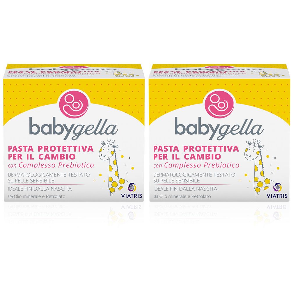Deux boîtes carrées de Babygella Pasta Protettiva per il Cambio. Haut jaune, fond blanc, texte et logo. Contient un complexe prébiotique.