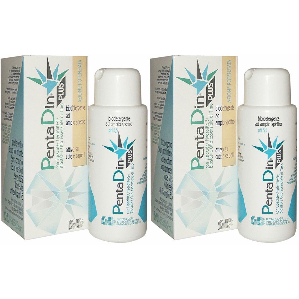 Zwei Flaschen und zwei Schachteln. Aufschrift: PentaDin Plus. Weiß und hellblau. Produkt für die Gesundheit.