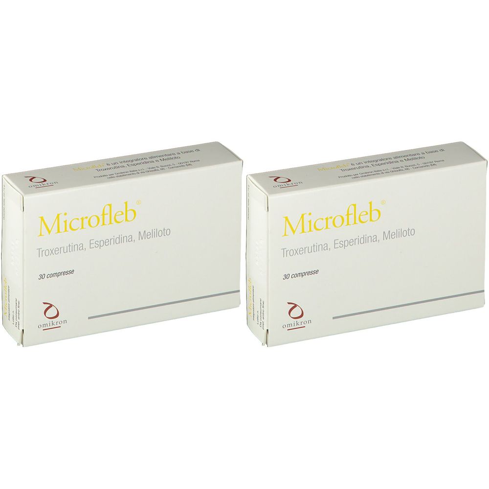 Deux boîtes Microfleb. Inscription: Troxerutina, Esperidina, Meliloto. Chaque boîte contient 30 comprimés.