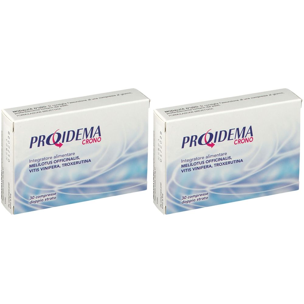 Deux boîtes blanches avec l'inscription PROIDEMA CRONO. Chaque boîte indique : Integratore alimentare, Melilotus officinalis, Vitis vinifera, Troxerutina.