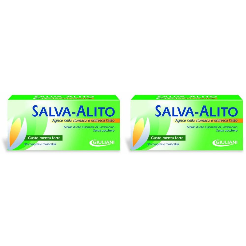 Zwei grüne Schachteln mit "SALVA-ALITO"-Schriftzug. Text: "Gusto menta forte". Marke: GIULIANI. 10 Tabletten.