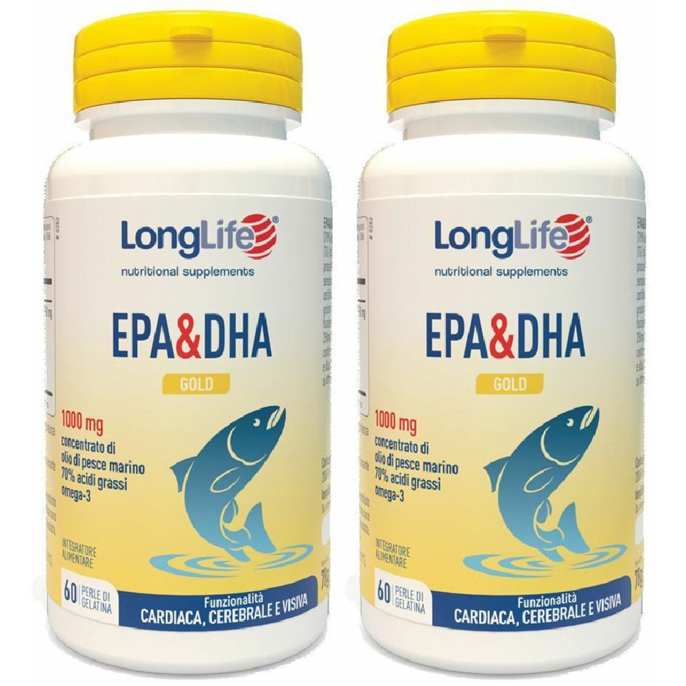 Zwei Flaschen LongLife EPA & DHA Gold. Weiße Flaschen mit gelben Deckeln. Aufschrift EPA & DHA, Fisch-Illustration.