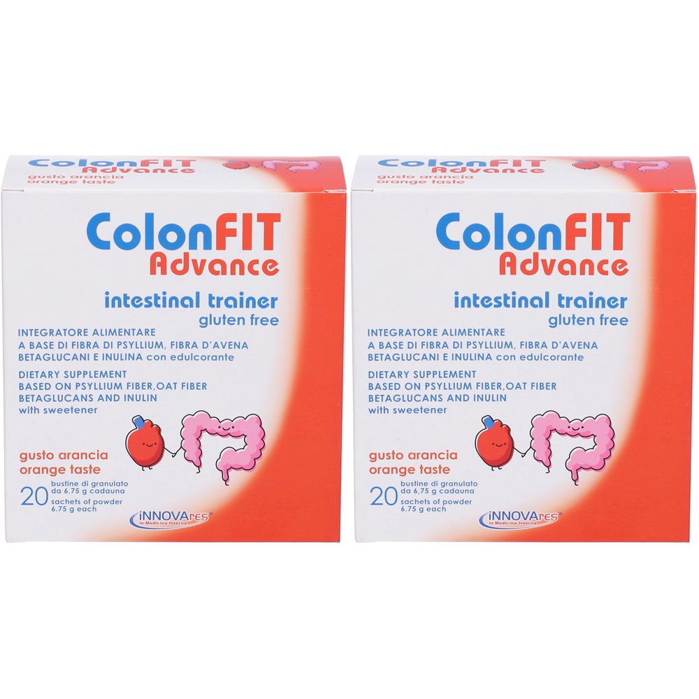 Zwei Kartons ColonFIT Advance, intestinal trainer, glutenfrei. Orange Geschmack. 20 Beutel. Innovares.