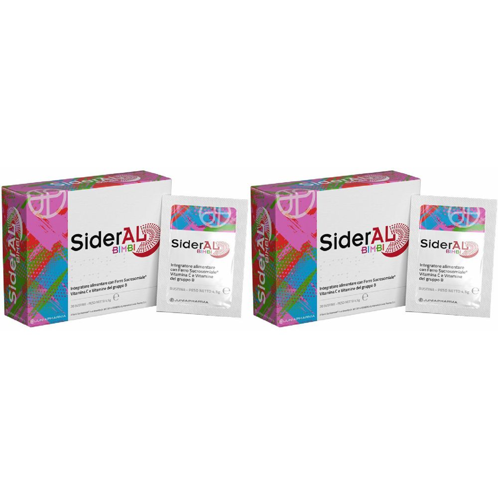 Deux boîtes et deux sachets. Sur les boîtes, on lit SiderAL BIMBI. Sur les sachets, on lit SiderAL. Compléments alimentaires.