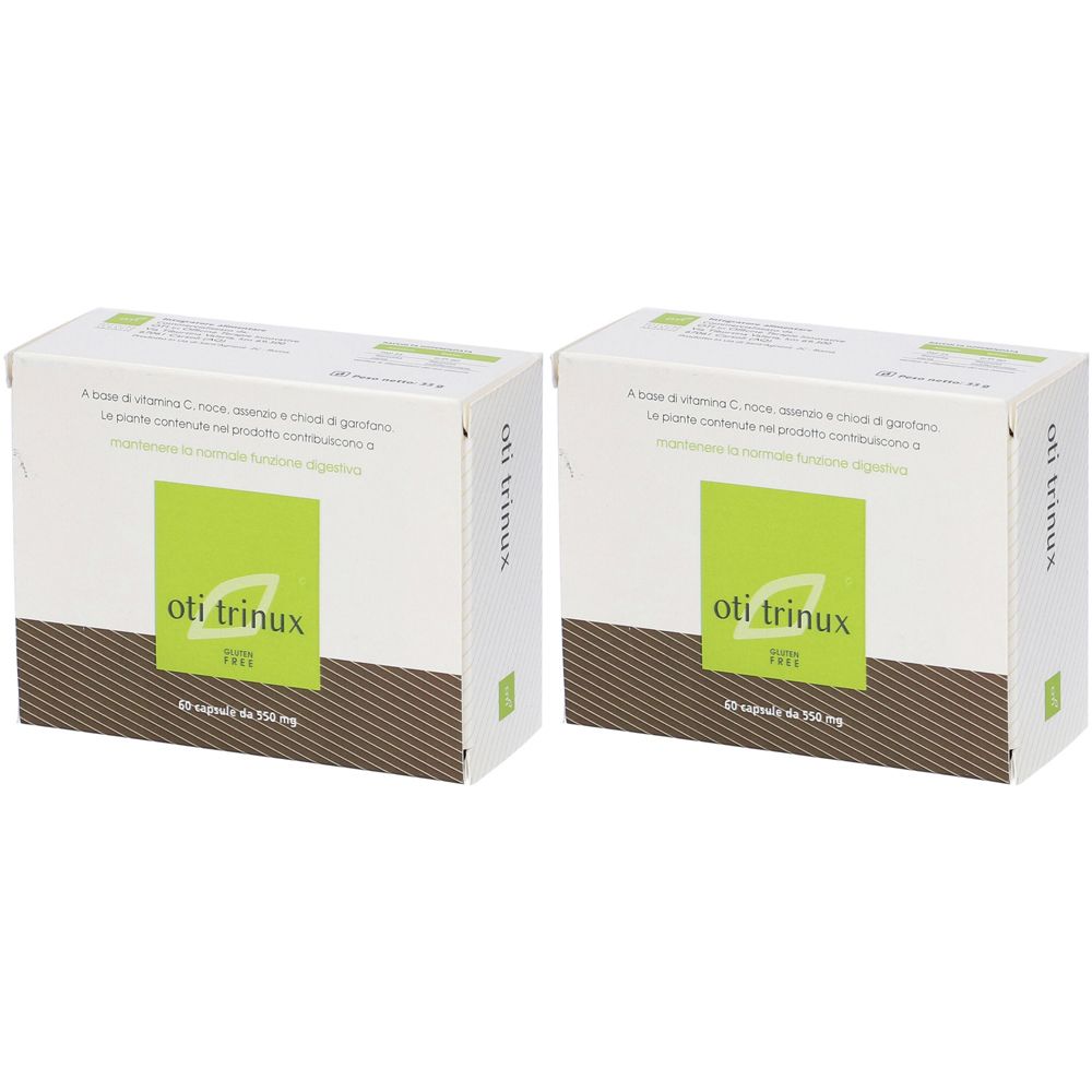 Deux boîtes blanches avec des éléments verts et marron. Inscription "oti trinux". Texte en italien.