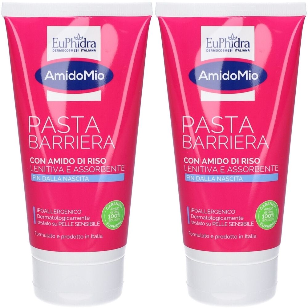 Zwei Tuben rosa Creme. Aufschrift: EuPhidra Amido Mio Pasta barriera. Mit Reisstärke und Zinkoxid. 100% biologisch.