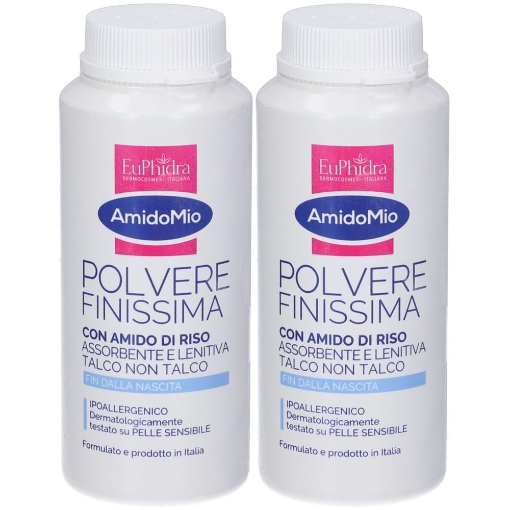 Deux boîtes roses. Inscription : Euphidra Amido Mio, Polvere finissima. Texte : Avec amidon de riz, pureté pharmaceutique. Testé dermatologiquement.