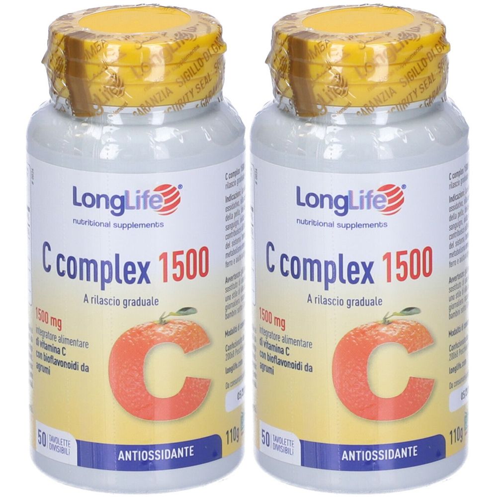 Zwei Flaschen mit Etiketten. Aufschrift: LongLife C complex 1500. Mit Vitamin C und Flavonoiden. 50 Tabletten. Antioxidans.